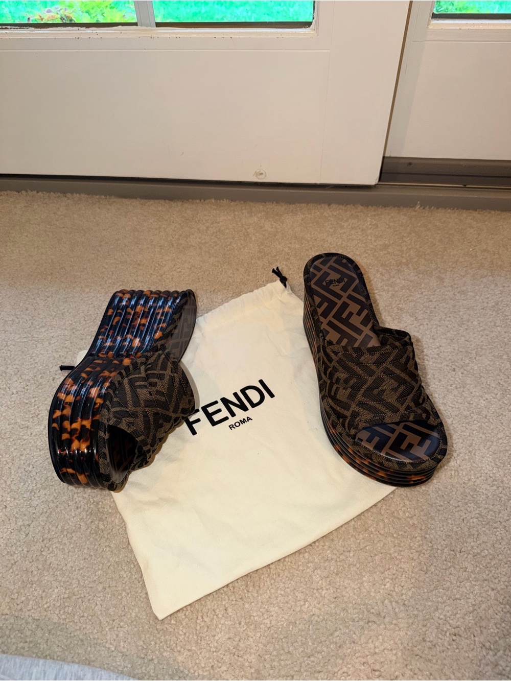 Fendi Brown Monogram Slide Sandals with Tortoiseshell Platform